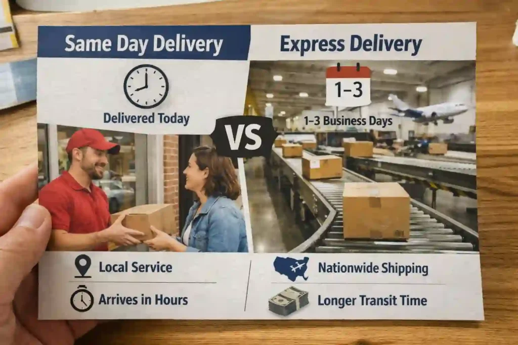 Comparison of Same Day Delivery vs. Express Delivery showing local courier service delivering a package today versus nationwide shipping with longer transit time.