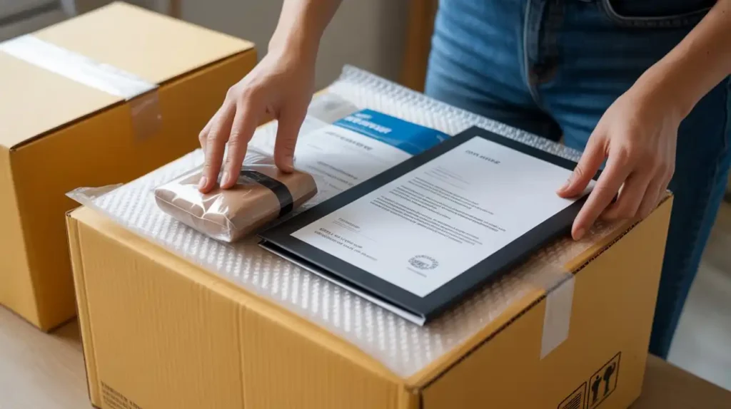 PR package being prepared with items like a framed letter and wrapped gift, showing what to include in a PR package.