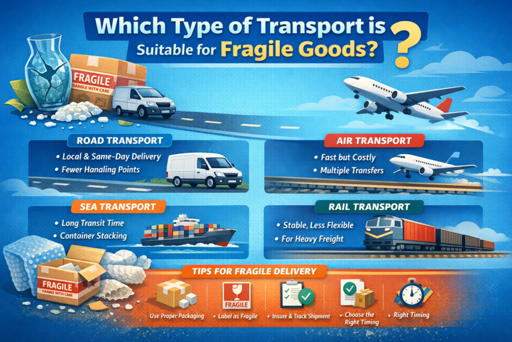 Infographic showing the best types of transport for fragile goods, including road, air, sea, and rail, with pros, cons, and tips for safe handling.