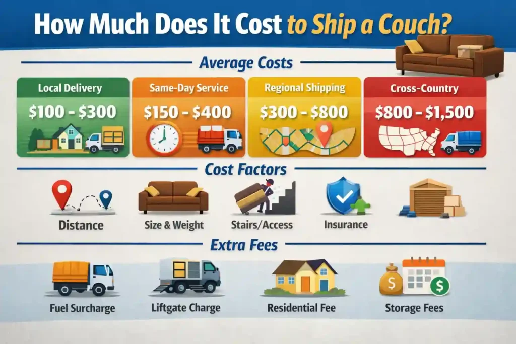 Infographic showing how much does it cost to ship a couch with average prices, cost factors, and extra fees for local, same-day, regional, and cross-country delivery.