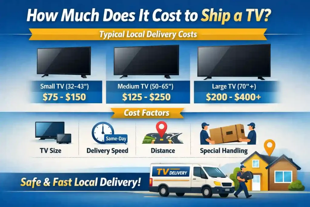 Infographic illustrating how much it costs to ship a TV locally, with price ranges for small (32–43"), medium (50–65"), and large (70"+) TVs, plus delivery factors including same-day service, distance, TV size, and special handling, featuring a delivery van and movers carrying a TV to a house.