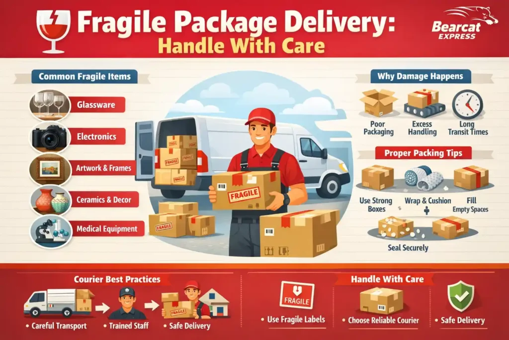 Infographic showing fragile package delivery process including common fragile items, causes of damage during shipping, proper packing tips, and safe courier handling practices.
