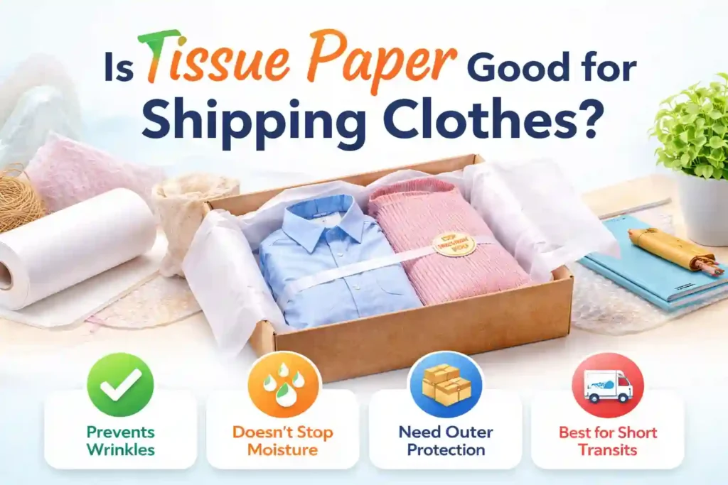 Folded clothes wrapped in white tissue paper inside an open cardboard box with packaging materials nearby.