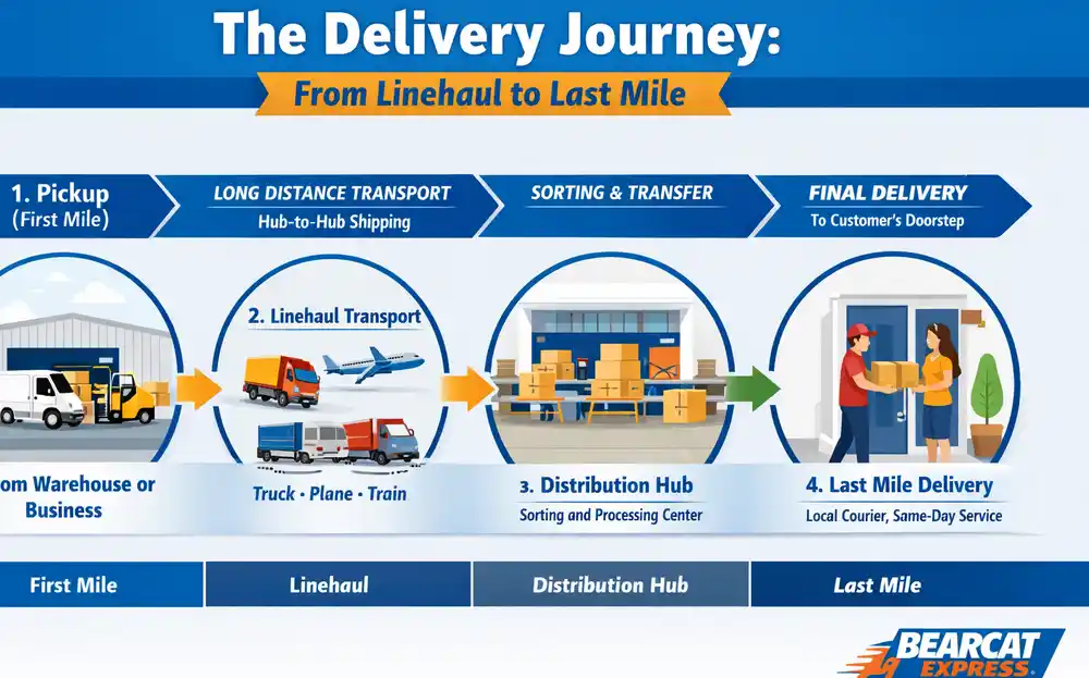 Infographic showing the delivery process from pickup to last-mile delivery, highlighting linehaul transportation between hubs and final local delivery.