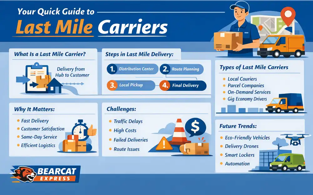 Infographic explaining Your Quick Guide to Last Mile Carriers, showing delivery steps, types of last mile carriers, common challenges, and future trends in last mile delivery logistics.