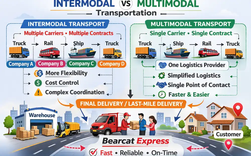 Infographic comparing intermodal vs multimodal transportation, showing multiple carriers with separate contracts for intermodal and a single provider for multimodal, highlighting key benefits, flexibility, cost control, and last-mile delivery with Bearcat Express.