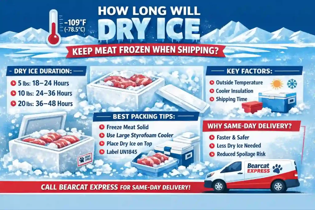 Infographic showing how long dry ice keeps meat frozen during shipping, including timelines for 5, 10, and 20 lbs of dry ice, insulated styrofoam coolers, packing tips, key factors, and benefits of same-day delivery.