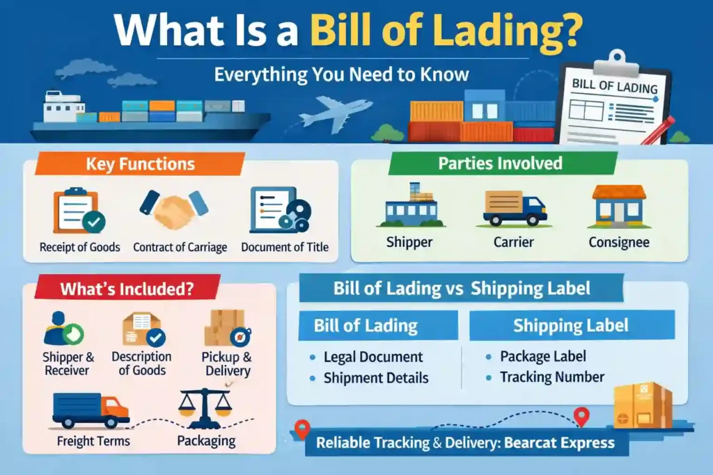 Infographic explaining “What Is a Bill of Lading?” with key functions, parties involved, shipment details, and comparison to a shipping label. Includes Bearcat Express tracking.