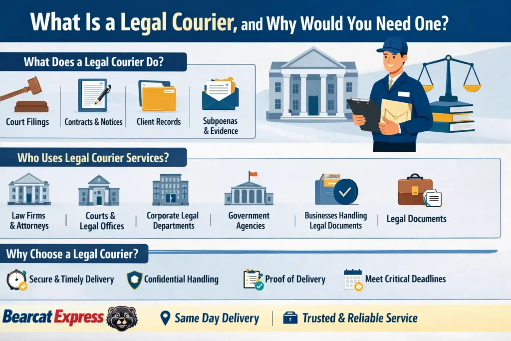 Infographic explaining what a legal courier is, services offered, typical users, reasons to choose one, and Bearcat Express same-day delivery.
