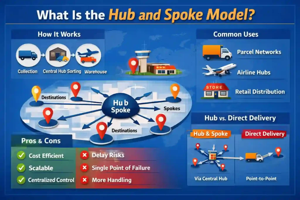 Illustration of the hub and spoke model showing a central hub building with delivery vehicles and arrows connecting to multiple destinations, representing logistics flow.