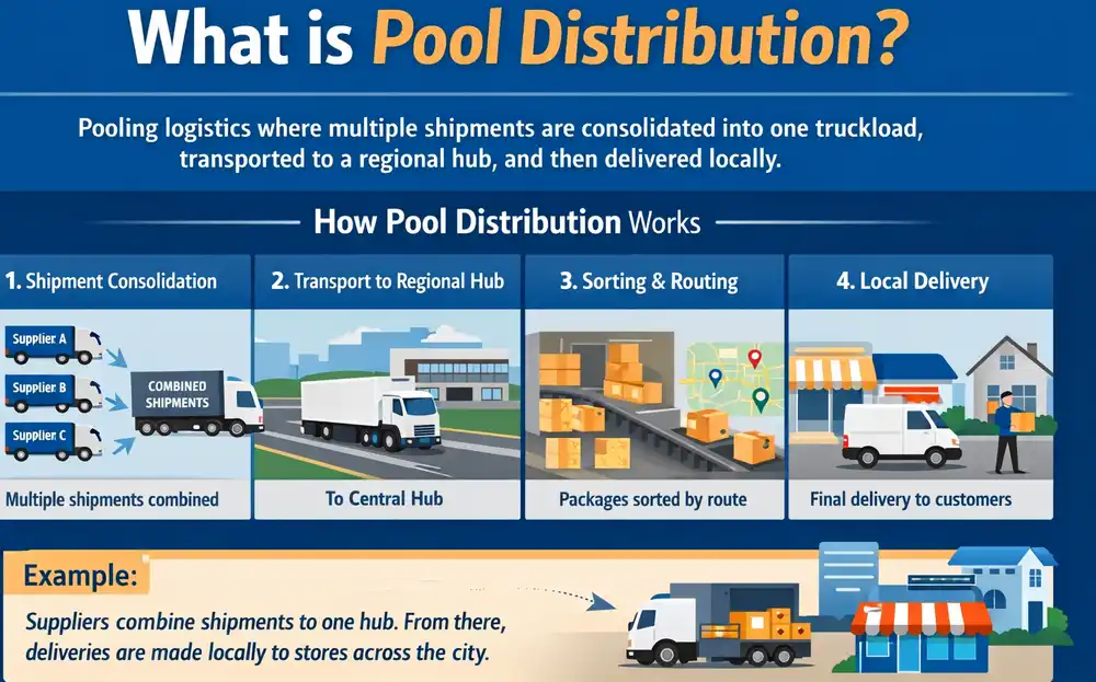Illustration showing the pool distribution process: multiple suppliers consolidate shipments into a truck, transport to a central hub, sort packages, and complete local deliveries to stores and homes.