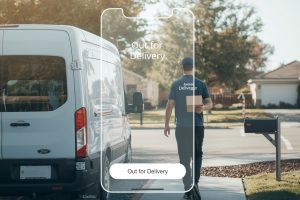 A courier delivers a package after it’s marked “Out for Delivery” in the tracking app.