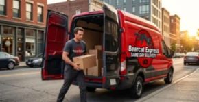 Bearcat Express courier loading packages into a same-day delivery van on a city street, illustrating the difference between same-day delivery and express delivery.