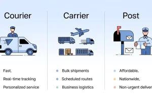 Visual guide explaining the difference between a courier, carrier, and post for faster, cost-effective, and reliable deliveries