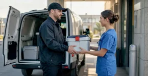 Courier handing an insulated specimen cooler to a nurse, showing how to get medical courier contracts through reliable handoffs