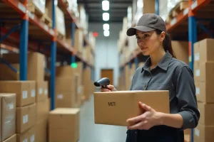 A courier scans a package to update its tracking information in real time.
