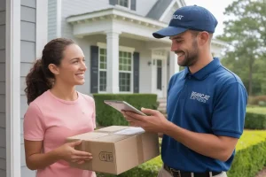 Bearcat Express staff efficiently sorting packages at a local courier facility.